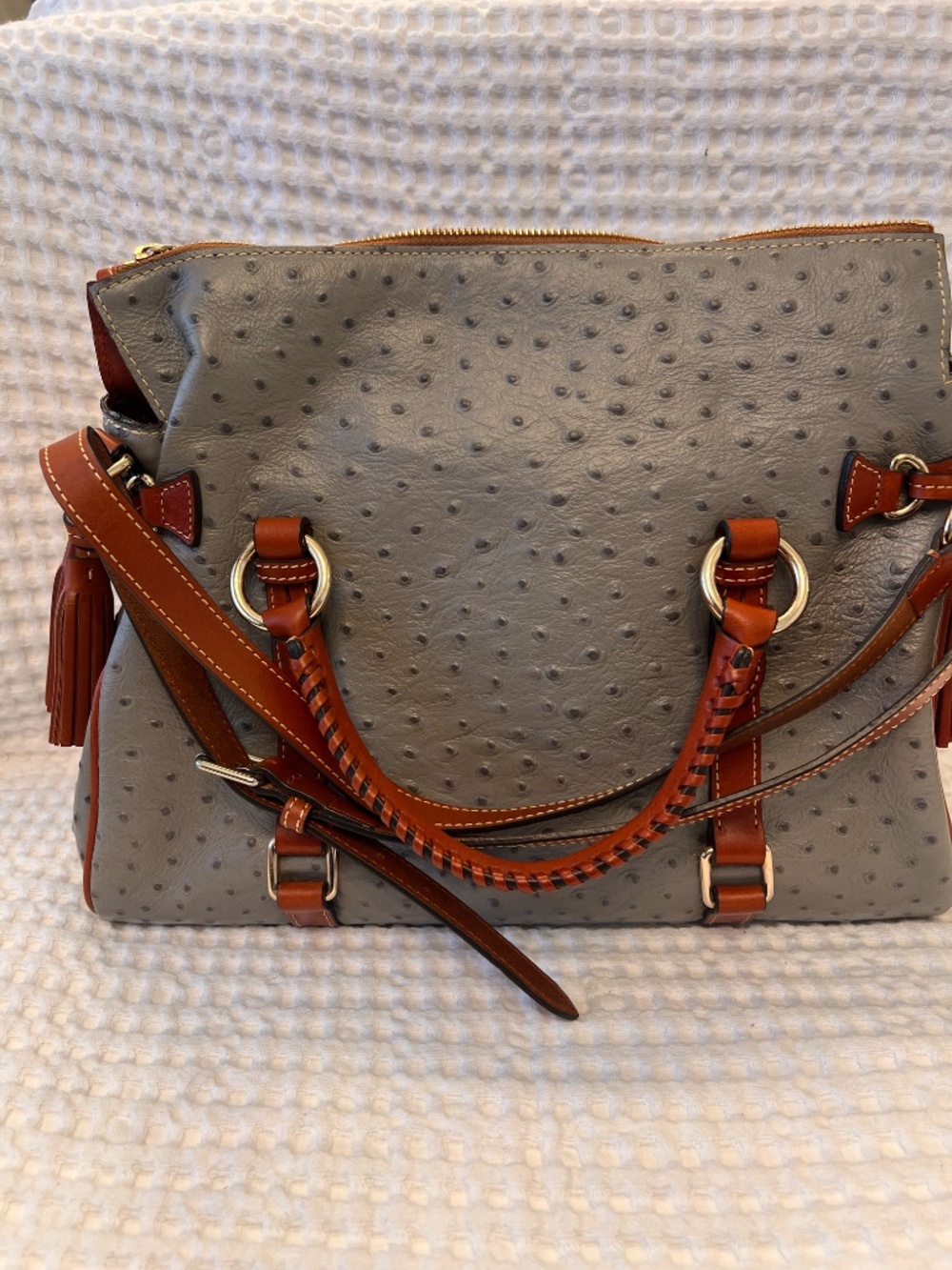 Dooney & Bourke Ostrich Embossed Satchel Gray Tassel Bag Brown Trim Gold Hardwar - Picture 8 of 16